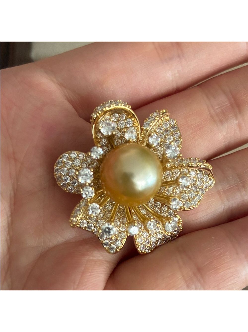 Gold South Sea Pearl Brooch, Gold Pearl Flower Pin, Elegant Gift for Mom
